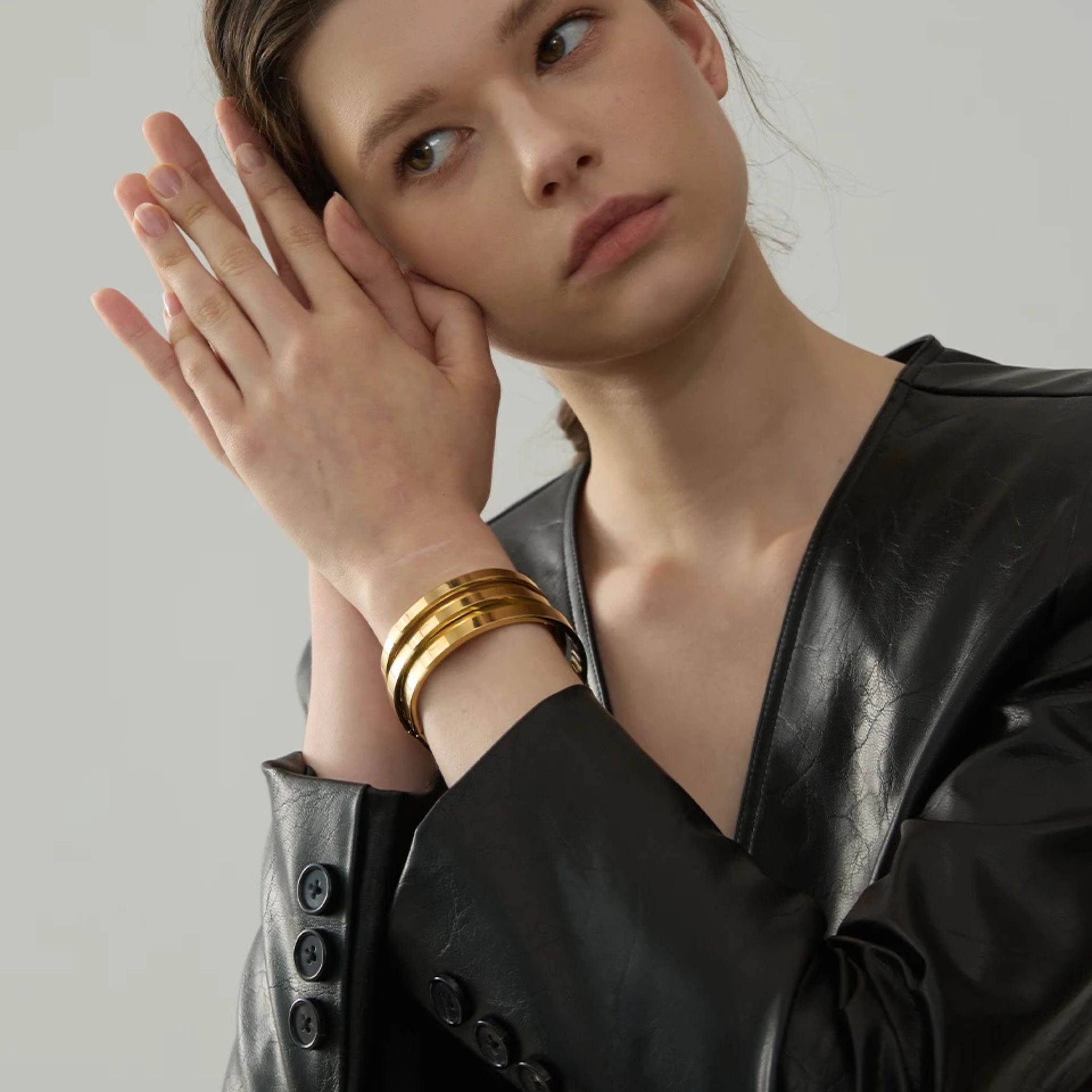 Gold Stainless Steel Wide Round Bracelet