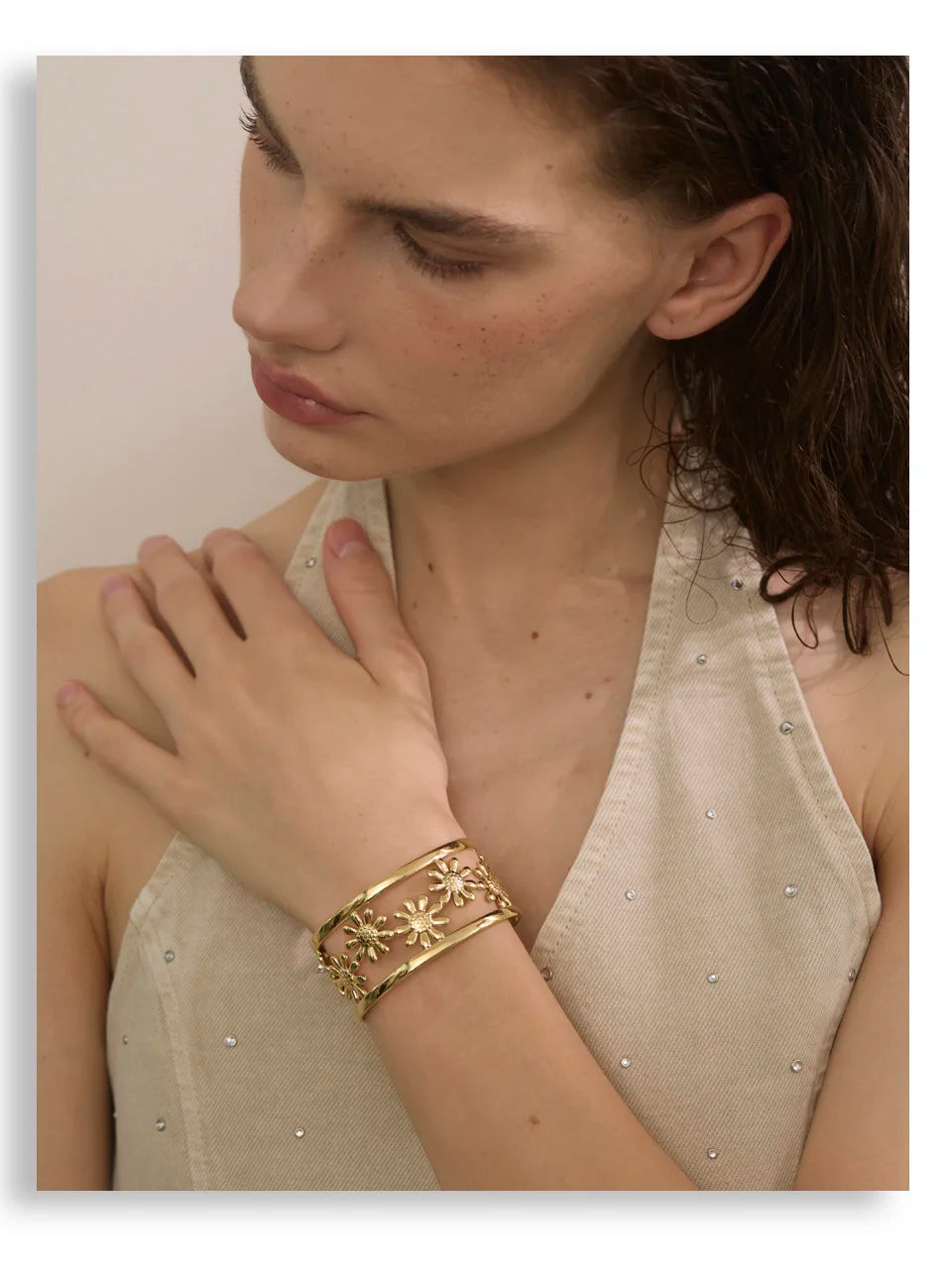 Stainless Steel Flower Hollow Cuff Bracelet