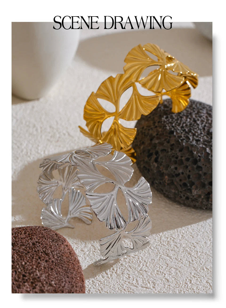 18K Gold PVD Ginkgo Biloba Cuff Bracelet