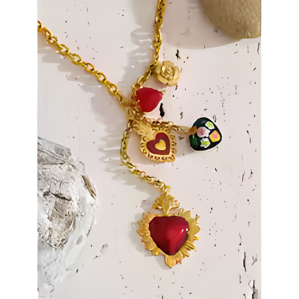 Red Resin Enamel Heart Flower Necklace