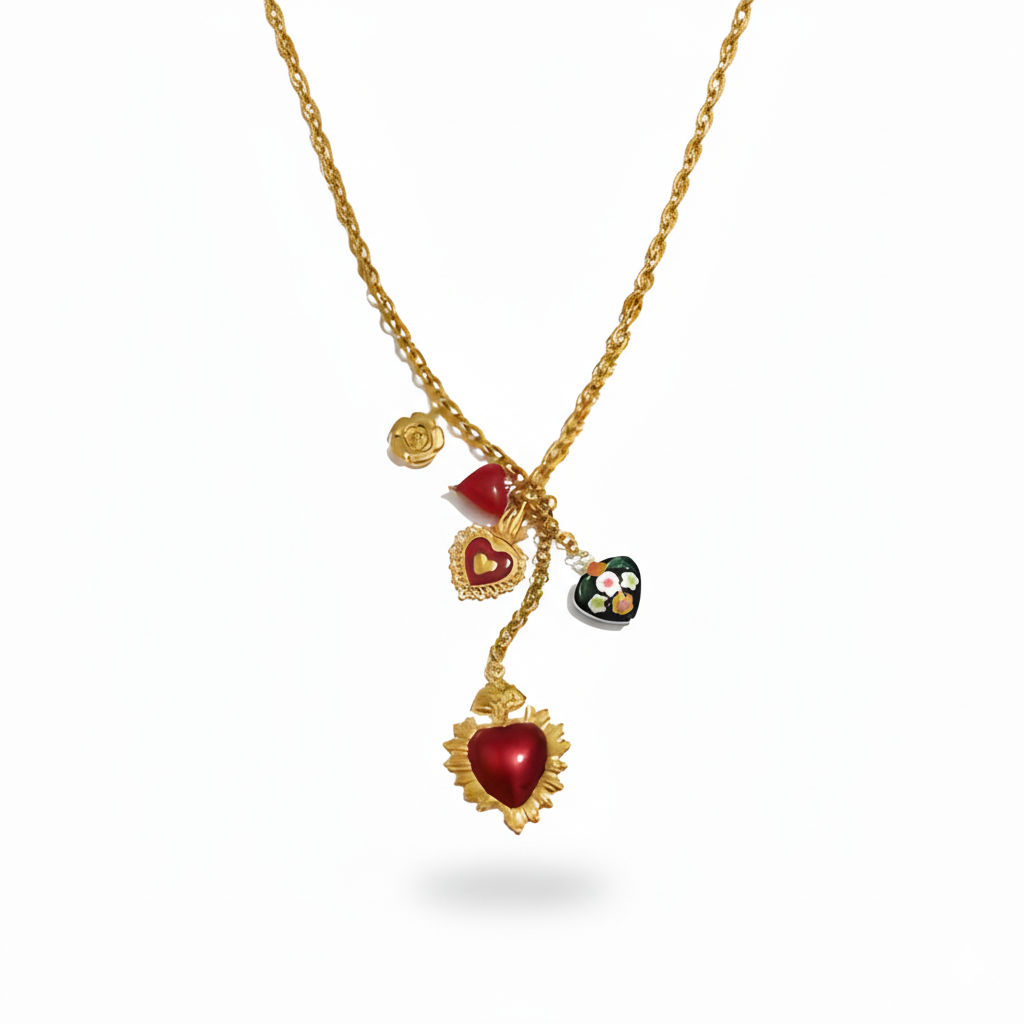 Red Resin Enamel Heart Flower Necklace