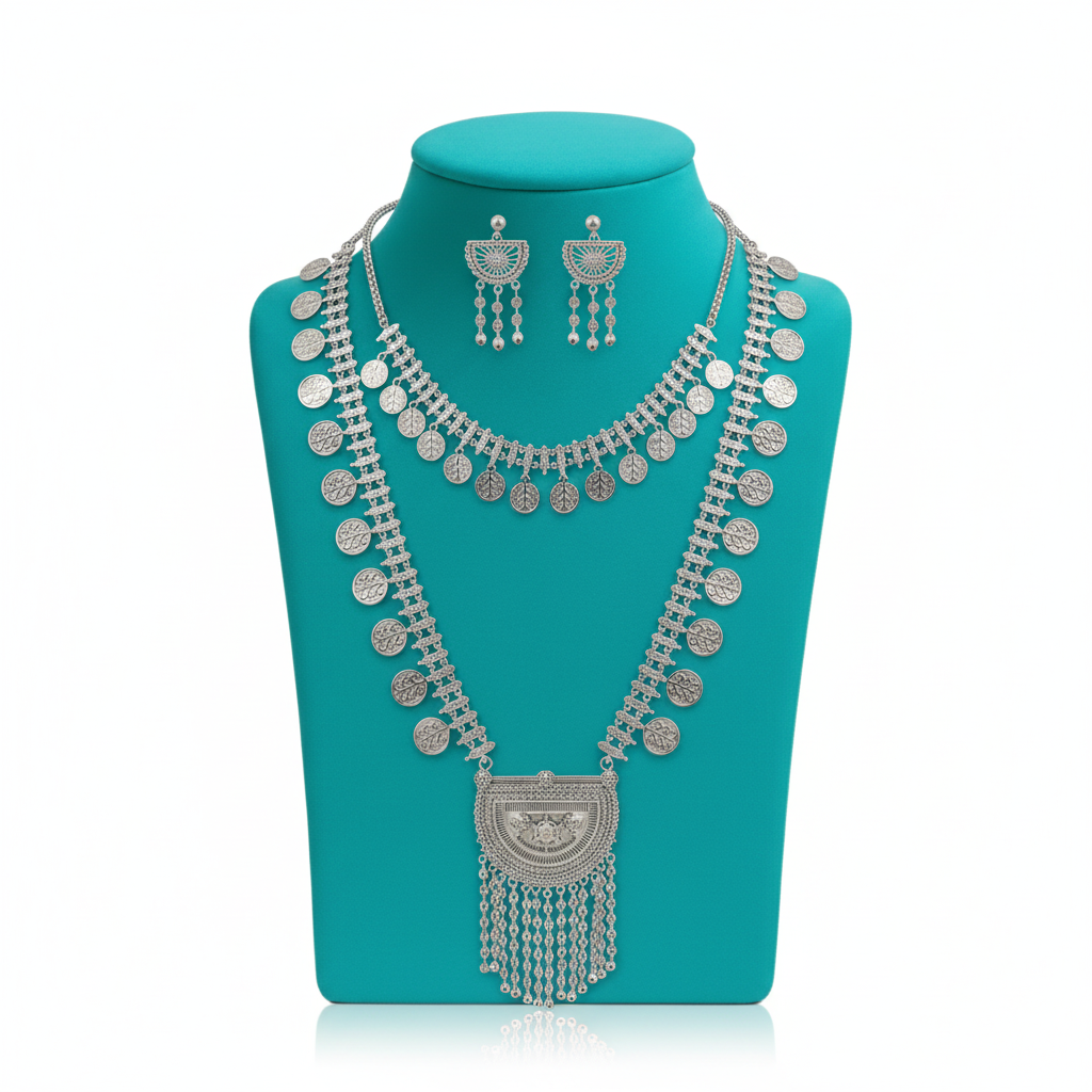 Elegant Long Silver Necklace Set