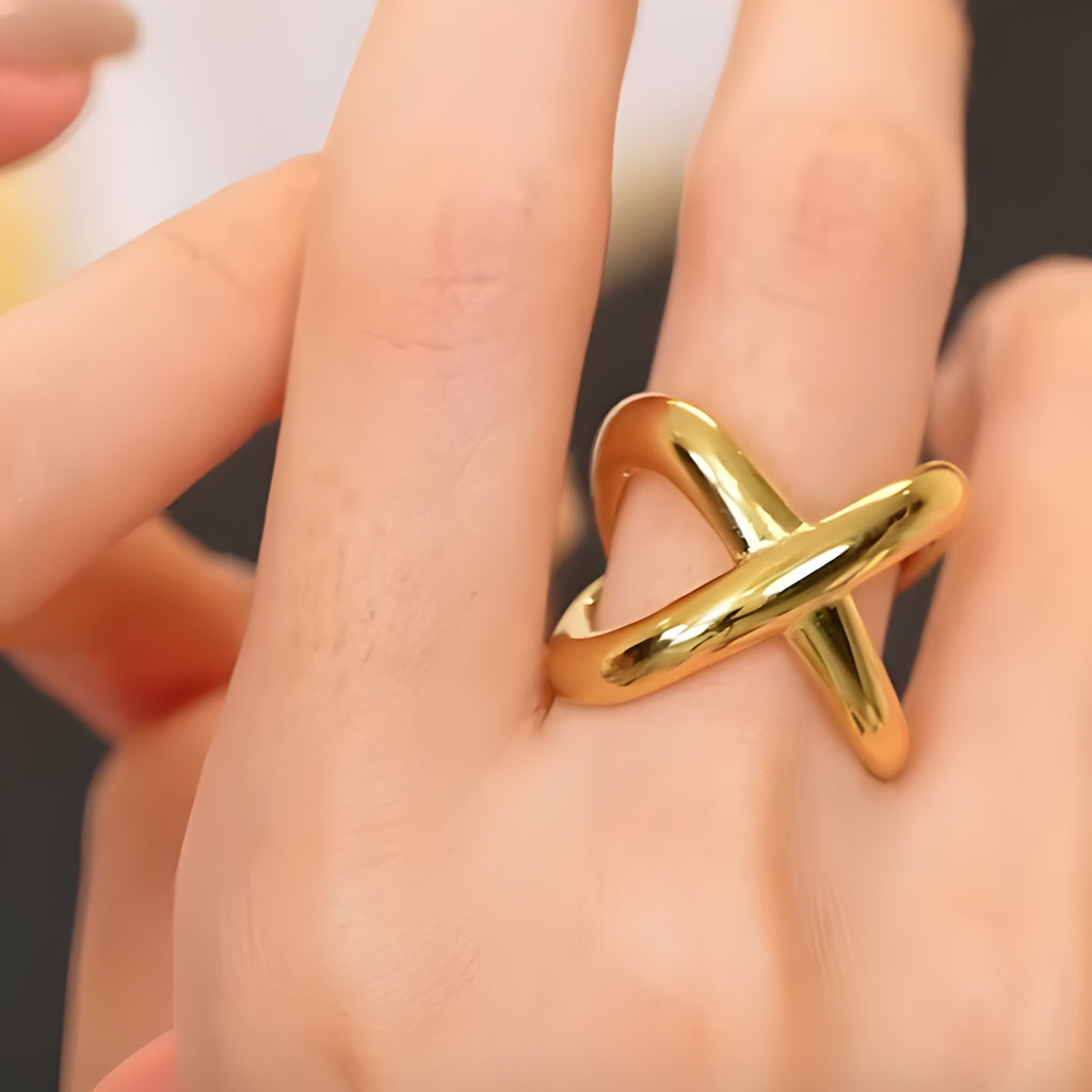 PVD Plated X-Shape Geometric Ring