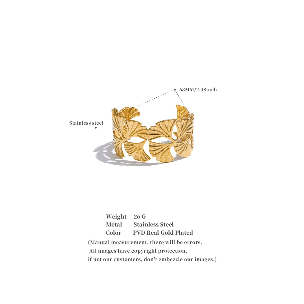 18K Gold PVD Ginkgo Biloba Cuff Bracelet