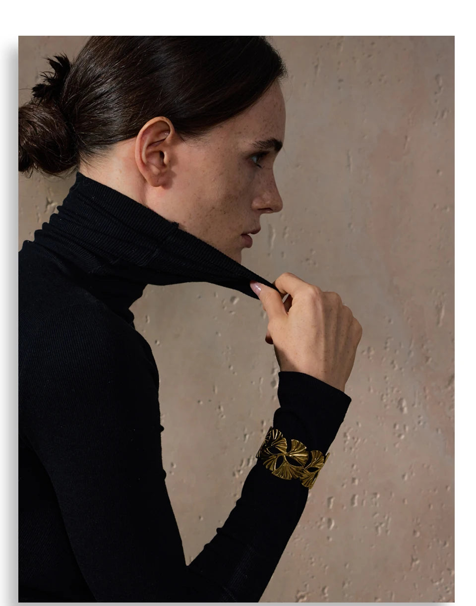 18K Gold PVD Ginkgo Biloba Cuff Bracelet