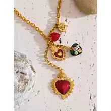 Red Resin Enamel Heart Flower Necklace
