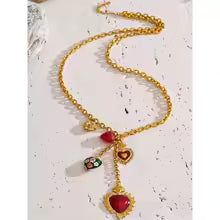 Red Resin Enamel Heart Flower Necklace