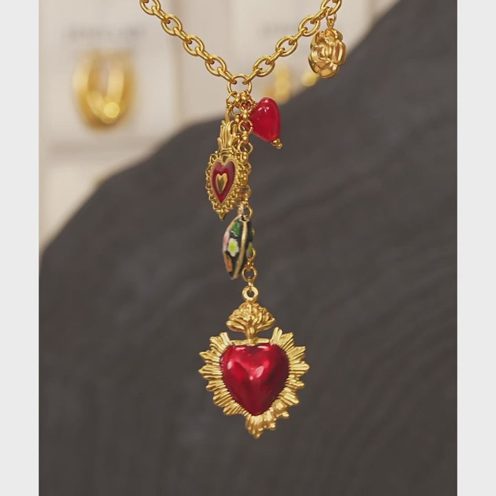 Red Resin Enamel Heart Flower Necklace